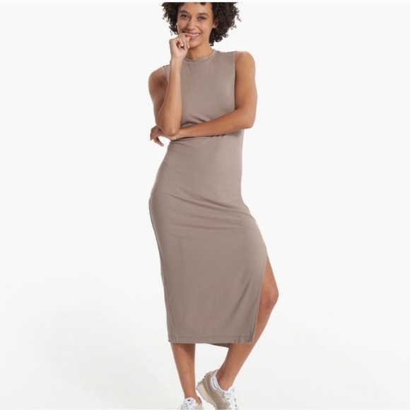 NWT Vuori Pose Sands Dress Graphite tan ribbed maxi midi slit sleeveless NWT Vuori Pose Sands Dress Graphite tan ribbed maxi midi slit sleeveless